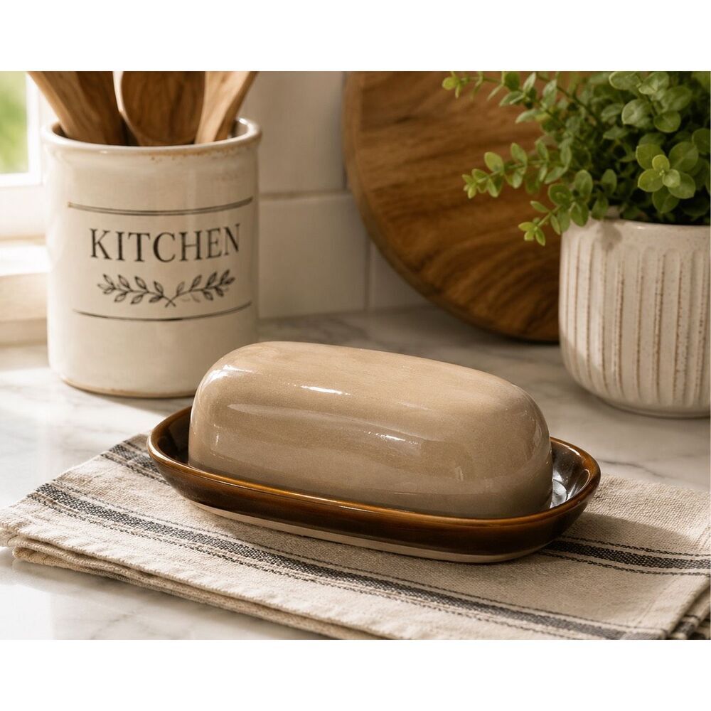 Sango Nova Brown 4933 Stoneware Butter Dish With Underplate 7 5/8" 1/4LB vtge